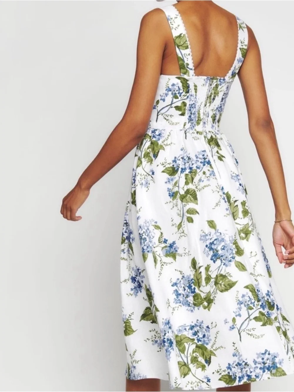 Reformation White Midi Dress with Blue Floral Print - Picture 3 of 10